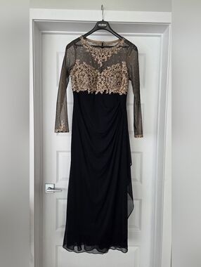 Xscape Navy Blue Long Sleeve Evening Gown with Gold Embellished Bodice, Size 10